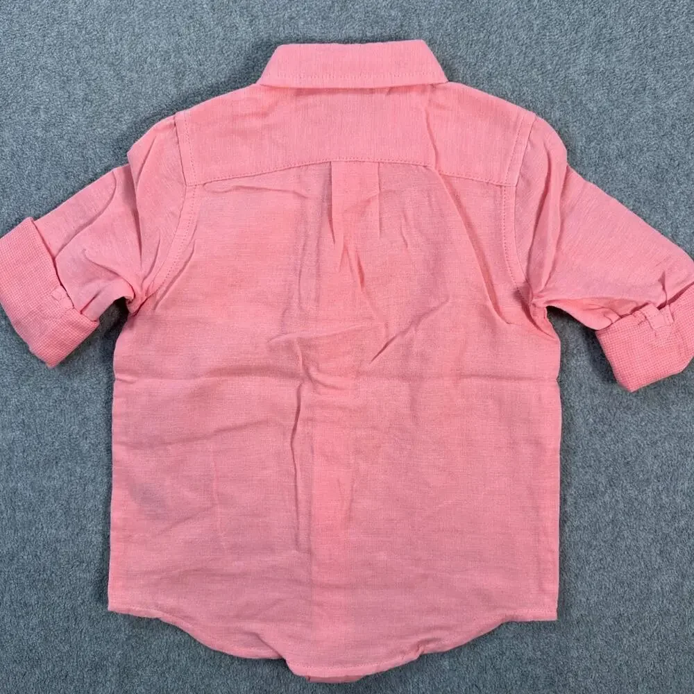 Janie and Jack Boy Size 2T Button Down Shirt Pink Cotton Collared Long Sleeve Ne